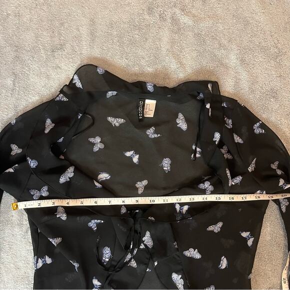 H&M Divided Black Blue Butterfly Sheer Flounce-Trimmed Chiffon Blouse Size Small - Picture 6 of 9
